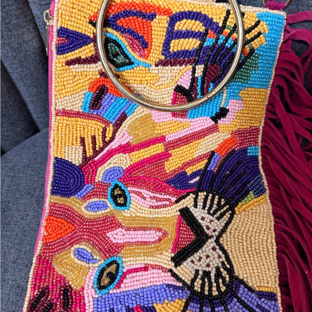 Sassy Jones Multicolor Beaded fringed Lion Clutch - Picture 2 of 5